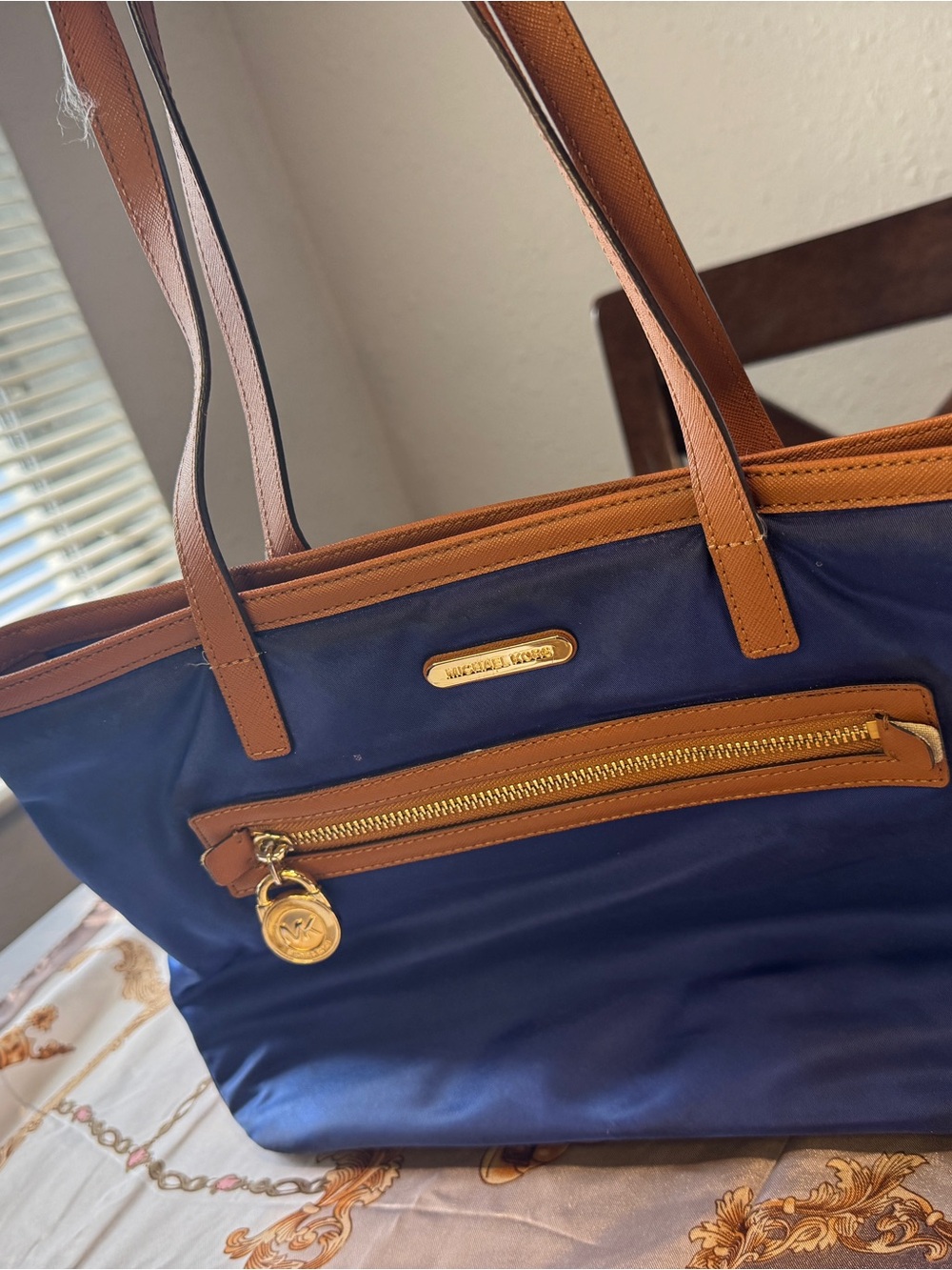 Michael Kors Navy Tote with Tan Trim and Gold Accents